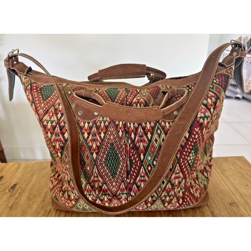 Vintage Guatemalan Artisan Handmade Woven Cotton Huipil & Leather Bag Oversized - Picture 5 of 13